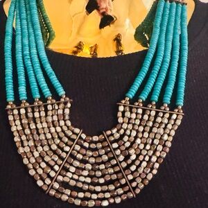 Chic Turquoise and Bronze Beaded Tropical Island Necklace